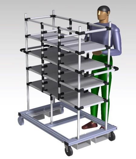 3D model of a person pushing a wheeled rack with multiple adjustable shelves.